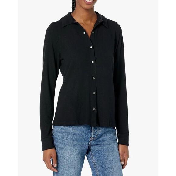 Michael Stars Helen Button Long Sleeve Woven Shirt Black Women's Petite Size LP - Picture 1 of 9